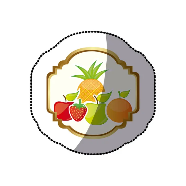 Etiqueta engomada silueta colorida marco heráldico decorativo con frutas bodegón — Archivo Imágenes Vectoriales