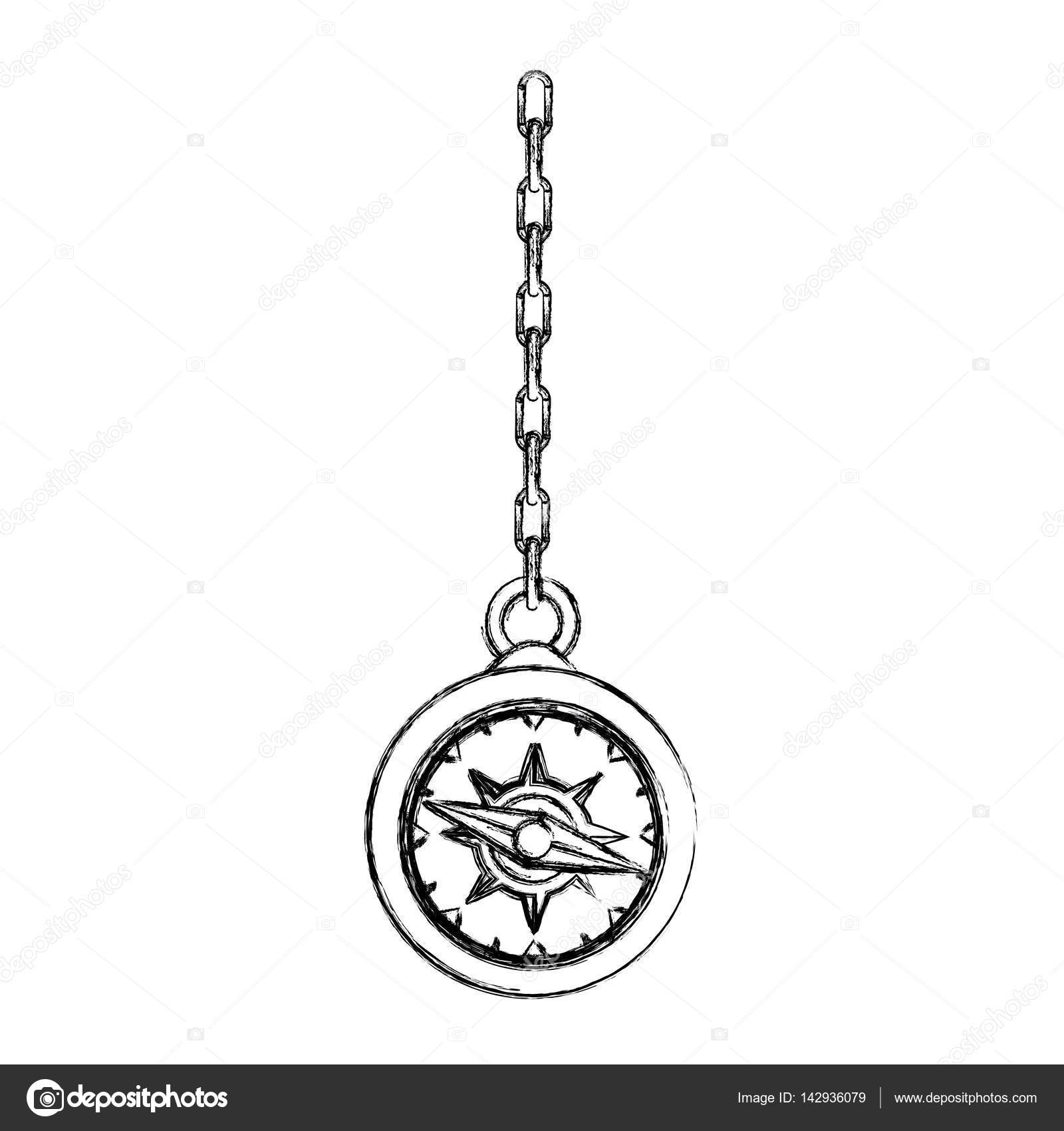 Monocromatica contorno disegno della mano di bussola appeso da un illustrazione di vettore di collegamento catena — Vettoriali di grgroupstock