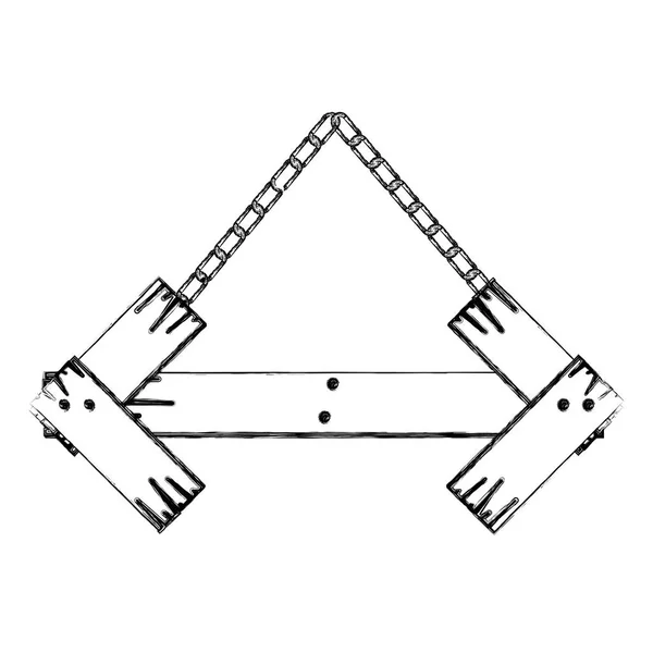 Монохромный контур деревянной вывески в форме стрелки с цепями — стоковый вектор