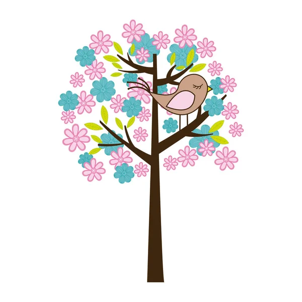 Silueta de color con árbol floral y pájaro — Vector de stock