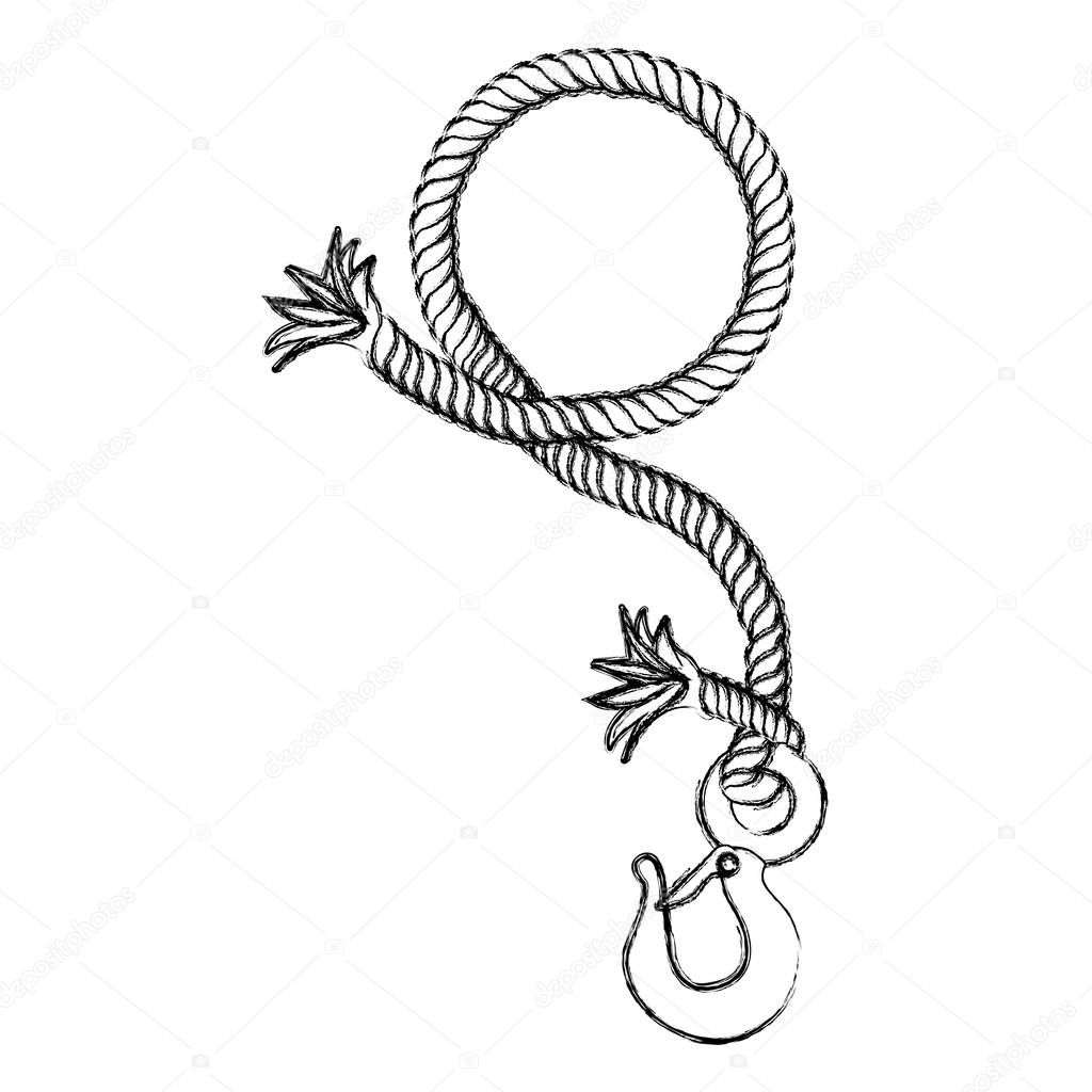 monochrome contour hand drawing of nautical break rope with metal hook