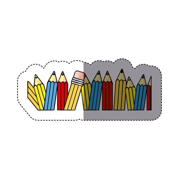 Silueta pegatina con lápices de colores fila con media sombra — Vector de stock