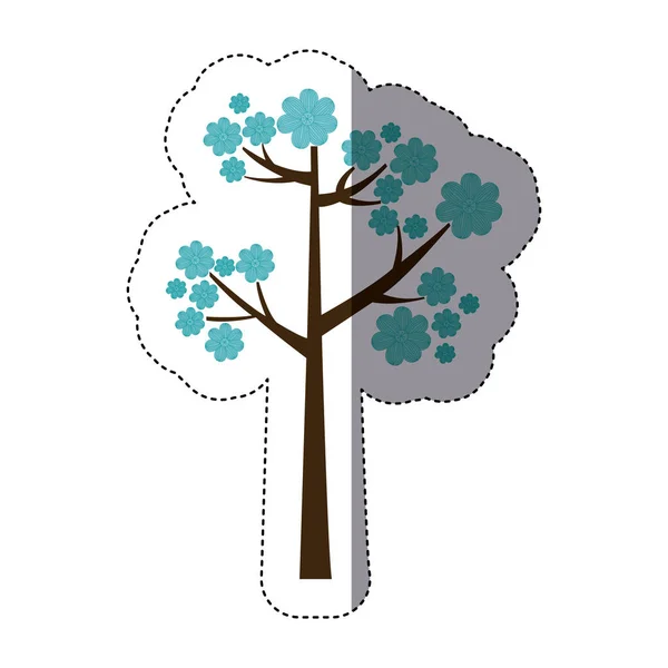 Kleur sticker silhouet met blauwe bloemen boom — Stockvector