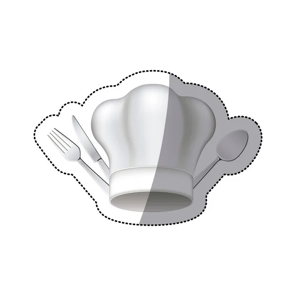 Autocolant pălărie bucătar cu elemente de bucătărie tacâmuri — Vector de stoc