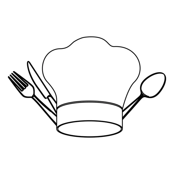 Silhouet chef-kok hoed met bestek keuken elementen — Stockvector