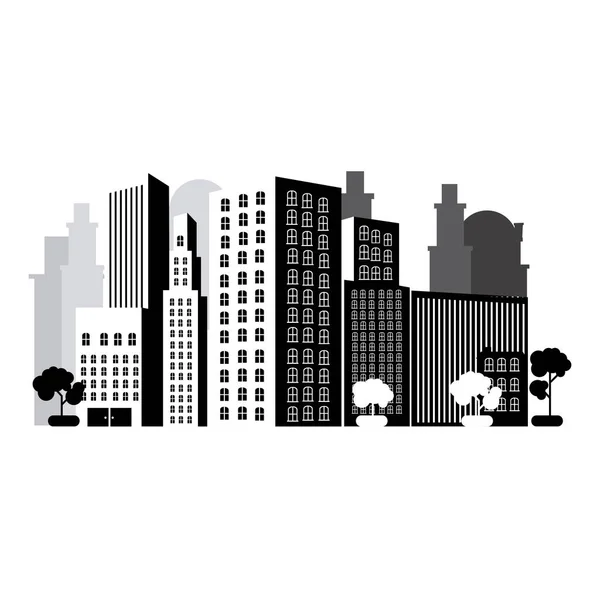 Ciudad de escala de grises con icono de construcciones — Vector de stock