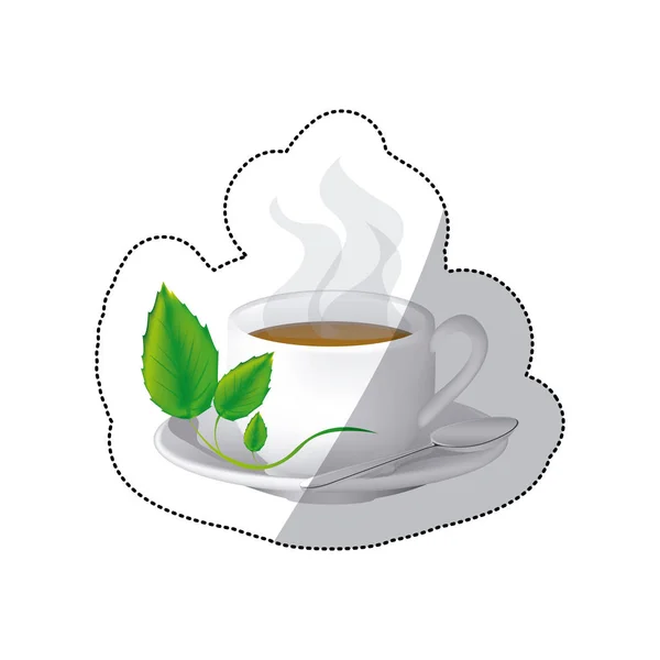 Color coffee cup with steam and leaves in the plate — Stock Vector