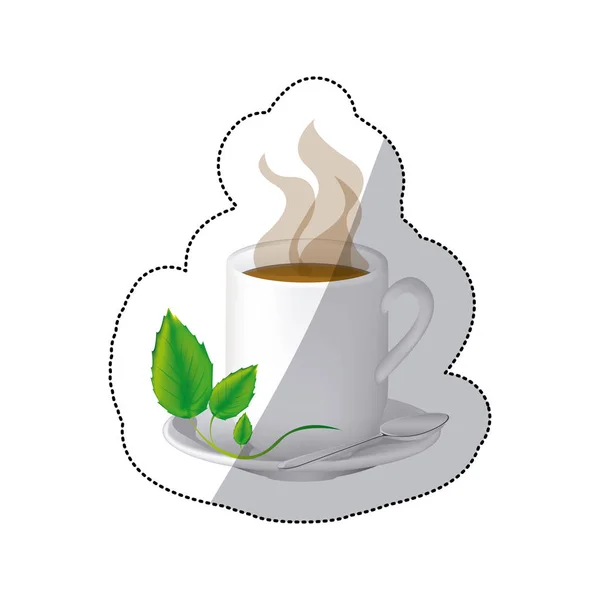 Color coffee cuppa with steam and leaves in the plate — Stock Vector