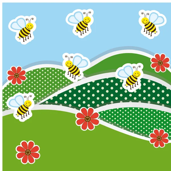 Berge mit Blumen und Bienen — Stockvektor