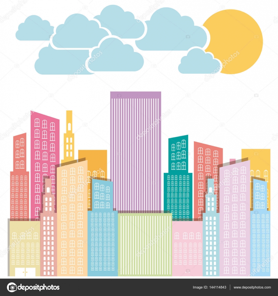 Citt  di colore costruisce con nuvole e sole disegno vettoriale illustraction — Vettoriali di grgroupstock