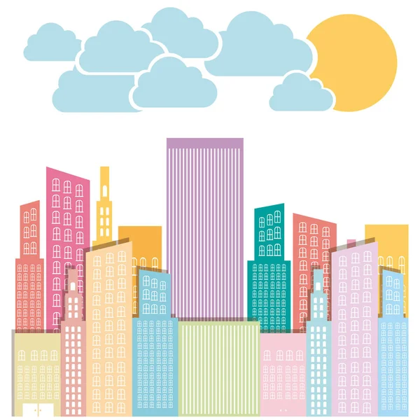 Cor cidade constrói com nuvens e sol — Vetor de Stock