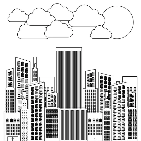 Figure ville construit avec des nuages et le soleil — Image vectorielle