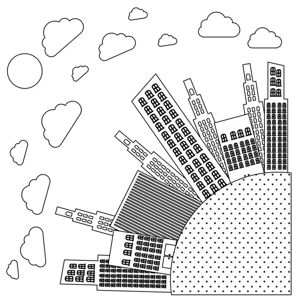 Фигура вокруг города со строителями и облаками — стоковый вектор