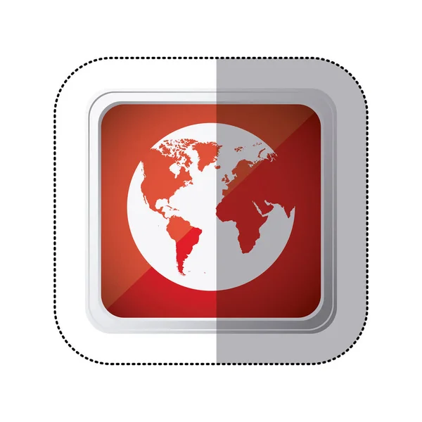 Sticker rood vierkantje knop met silhouet globe earth wereldkaart — Stockvector