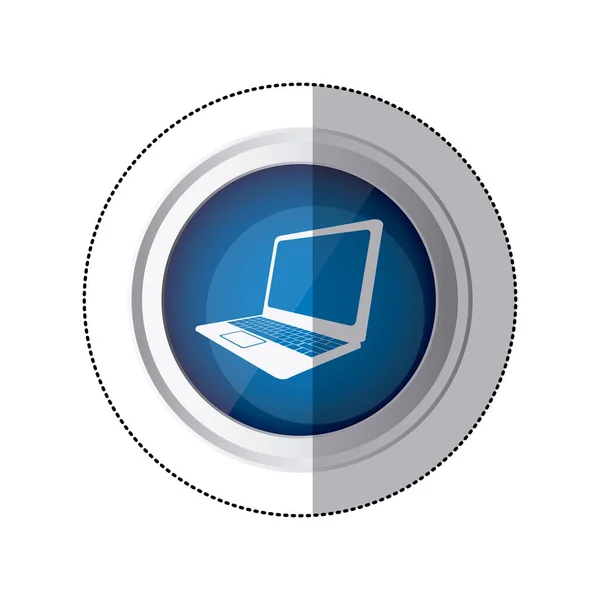 Pegatina azul botón circular con la silueta ordenador portátil — Archivo Imágenes Vectoriales