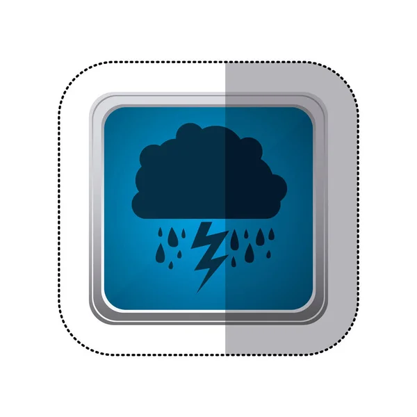 Etiket mavi siluet bulut ile yağmur ve yıldırım ile kare düğme — Stok Vektör