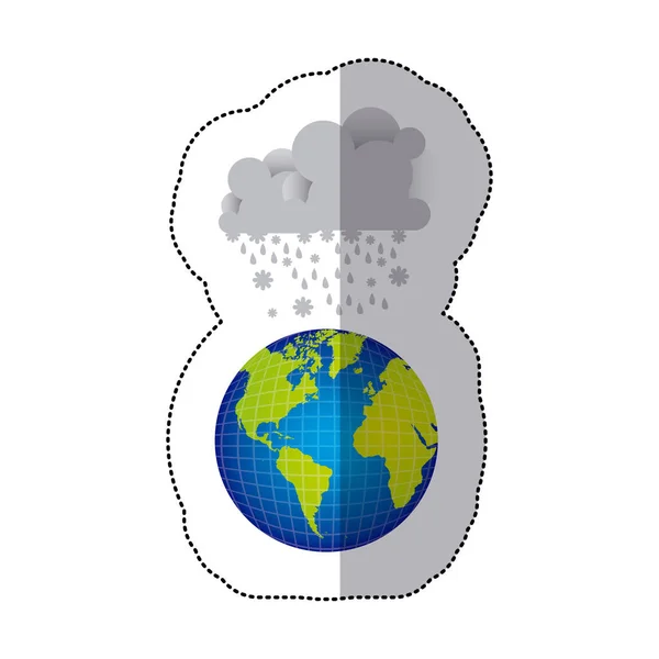 Наклейка красочное облако мира земли с кучей облаков с снежным дождем — стоковый вектор