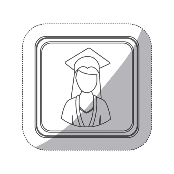Etiqueta engomada silueta monocroma botón cuadrado con medio cuerpo mujer con traje de graduación — Vector de stock