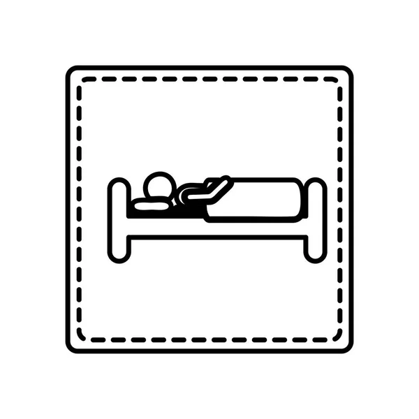 Contorno monocromo línea cuadrada y punteada con persona en la cama — Vector de stock