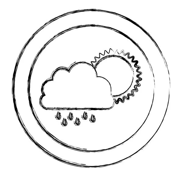 Monochrome blurred circular frame with cloud with rain and sun — Stock Vector