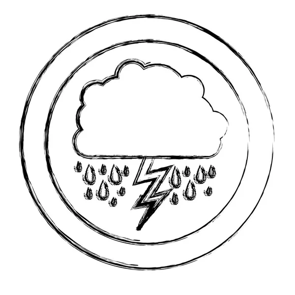 Monochrome blurred circular frame with cloud with rain and lightning — Stock Vector