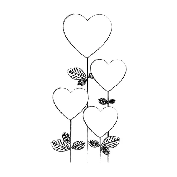 Monochroom wazig silhouet met florale tak met bloemen in hart vorm — Stockvector