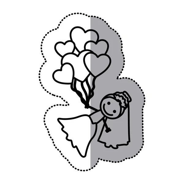Silueta pegatina dibujada a mano con novia y globos de corazones — Archivo Imágenes Vectoriales