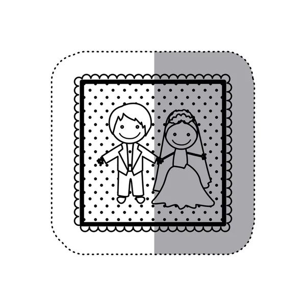 Pegatina monocromática en marco cuadrado y salpicado de pareja casada dibujada a mano — Vector de stock