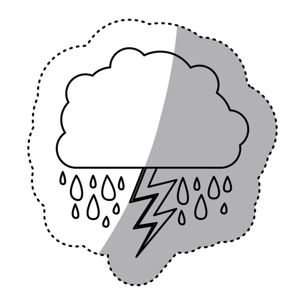 Pegatina contorno monocromo de nube con lluvia y relámpago — Archivo Imágenes Vectoriales