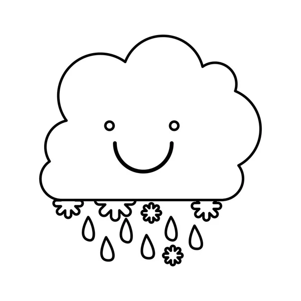 Contour monochrome avec cumulus souriant de nuages avec pluie — Image vectorielle