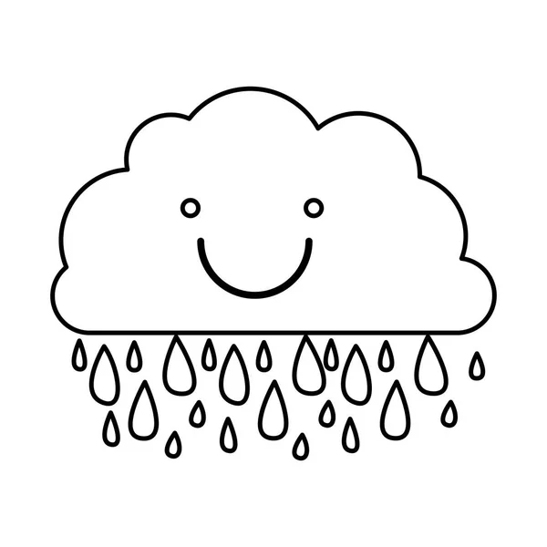 Contour monochrome d'un nuage souriant avec pluie — Image vectorielle