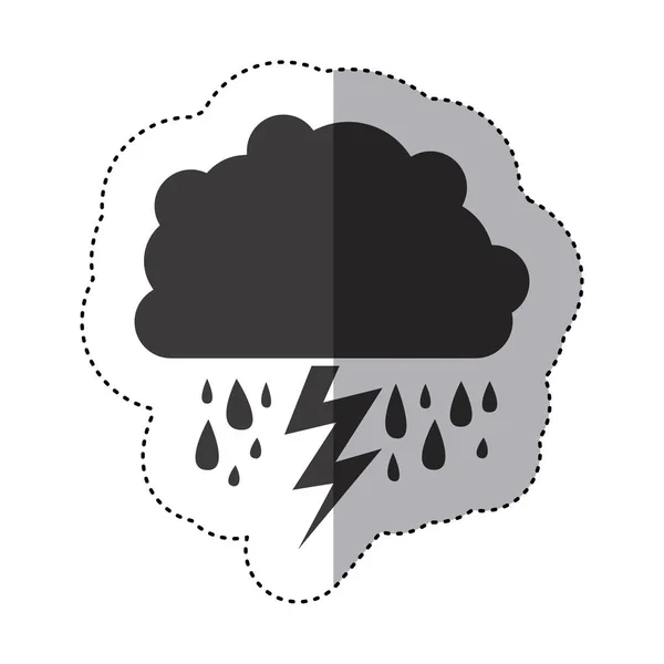 Graue Silhouette Sticker aus Wolke mit Regen und Blitz — Stockvektor