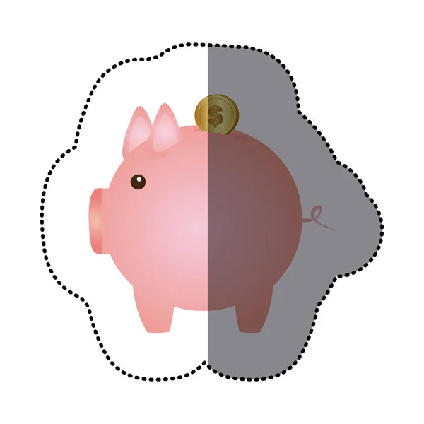 Sticker pink piggy bank with dollar coin — Stock Vector