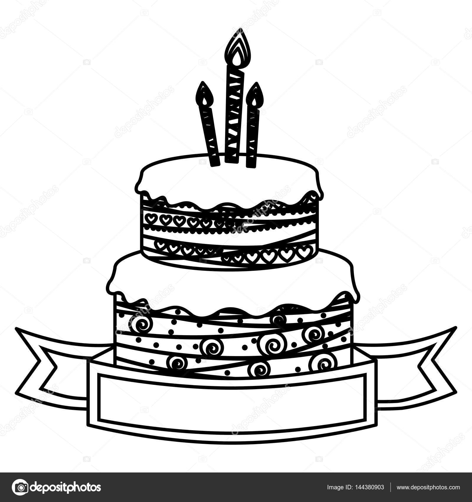 Sketch Silhouette Birthday Cake Two Floors With Candles And Ribbon