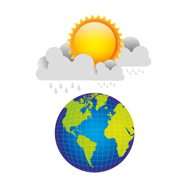 Planeta terra com chuva de nuvens e sol — Vetor de Stock