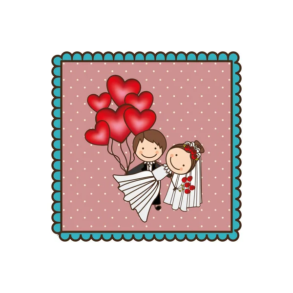 Emblema pareja casada con bombas rojas del corazón — Vector de stock