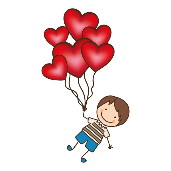 Menino com balões de coração vermelho nas mãos — Vetor de Stock