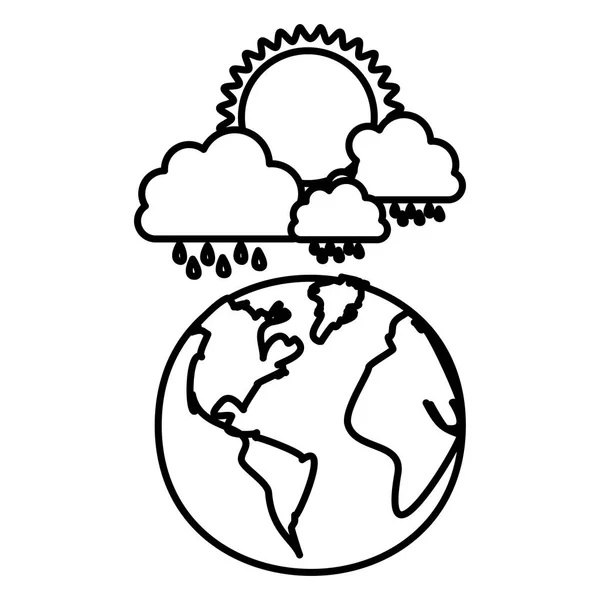 Figura planeta tierra con lluvia de nubes y sol — Vector de stock
