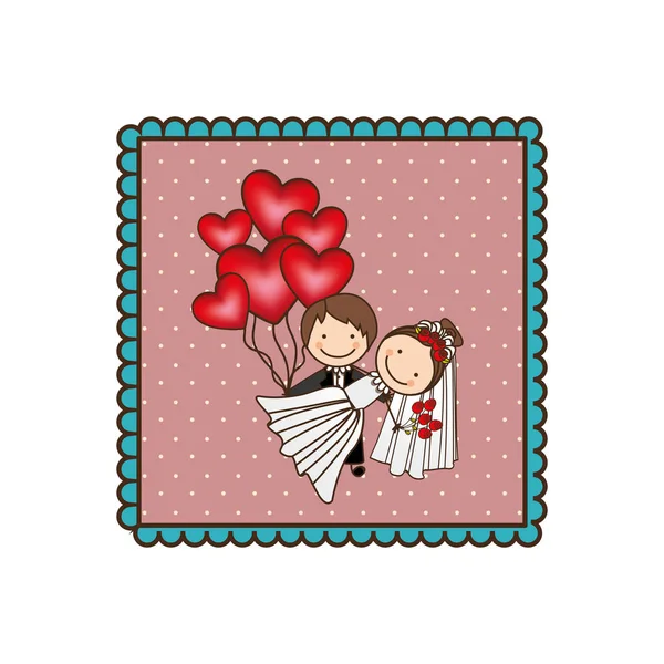 Emblem married couple with red heart bombs — Stock Vector