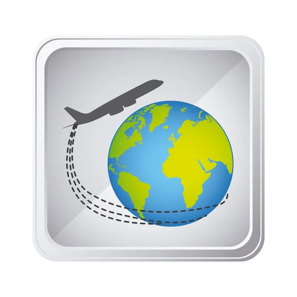 Emblém planety země s letadlem zblízka ikonu — Stockový vektor