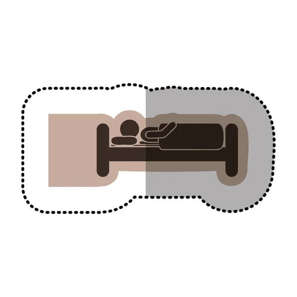 Color emblema pegatina cama y persona durmiendo — Vector de stock