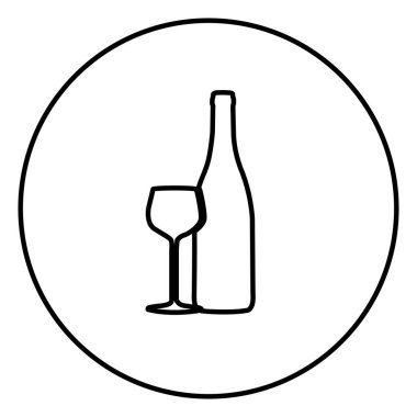 tek renkli kontur dairesel çerçeve şişe ve kadeh şarap ile