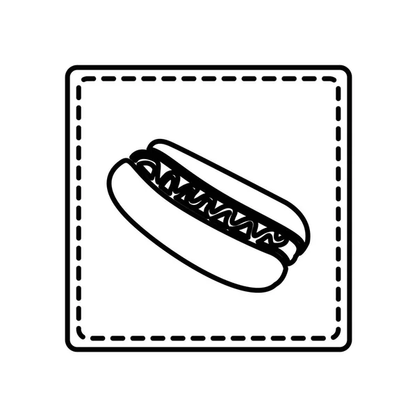 Monochromatický obrysu náměstí a tečkovaná čára s hot dog s omáčkou — Stockový vektor