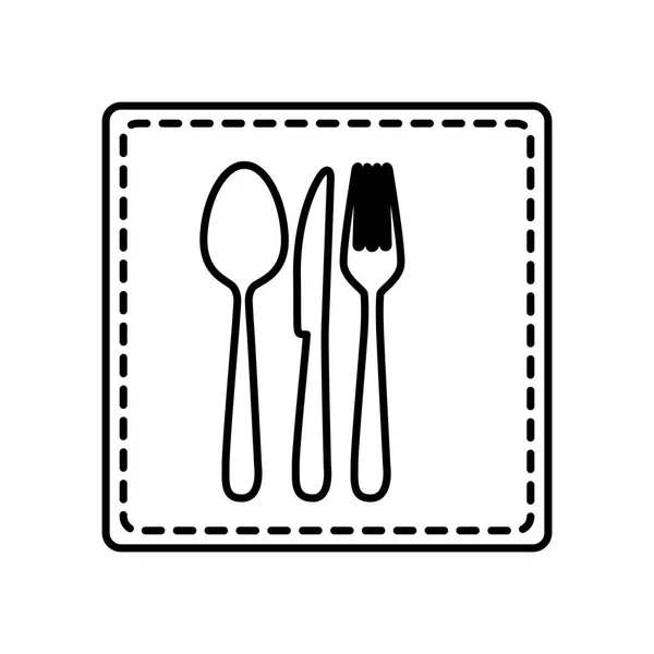 Monochrome contour square and dotted line with cutlery icon — Stock Vector