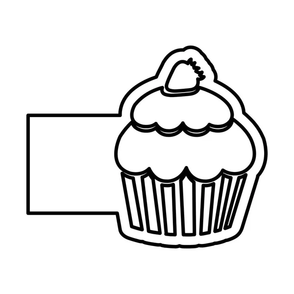 Monochrome contour of cupcake with strawberry and banner — Stock Vector