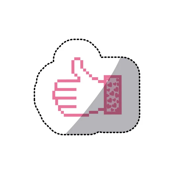 Etiqueta engomada silueta rosa de pixel pulgar hacia arriba y manga con corazones — Archivo Imágenes Vectoriales