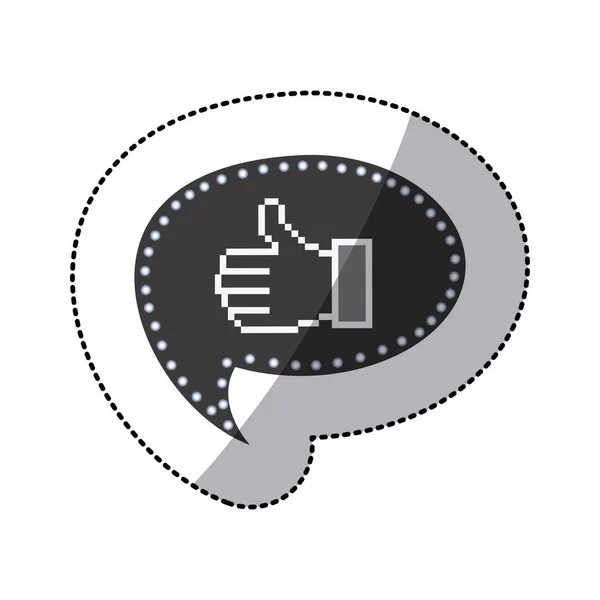 Black silhouette sticker of pixel thumb up inside on speech bubble — Stock Vector