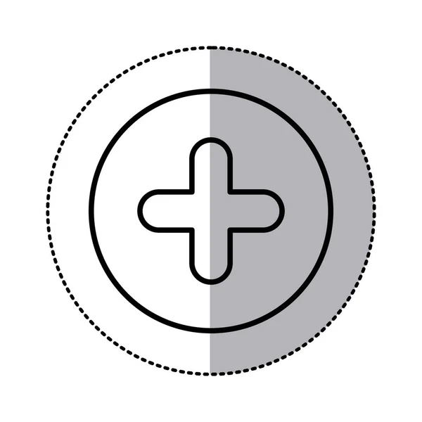 Monokrom kontur cirkulär klistermärke med plus ikonen närbild — Stock vektor