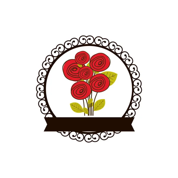 Színes dekoratív kör alakú keret a csokor rózsa és a banner — Stock Vector