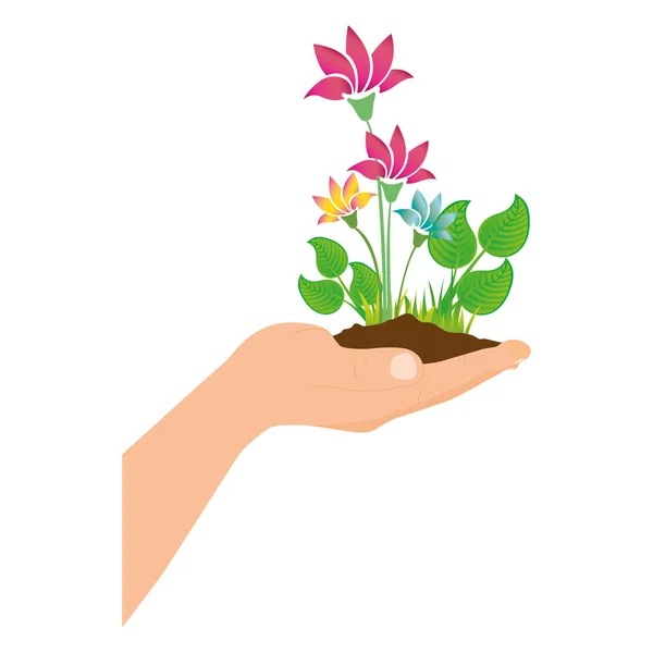 Silhueta colorida com planta com flores sobre a mão — Vetor de Stock